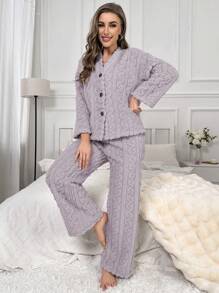 Women's Solid Plush Homewear Set - Lilac Purple - View 3