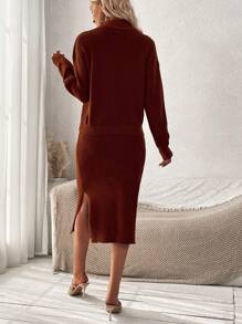 SHEIN LUNE 女款落肩毛衣+開叉針織裙 2 件/套 - 棕色 - 查看 2