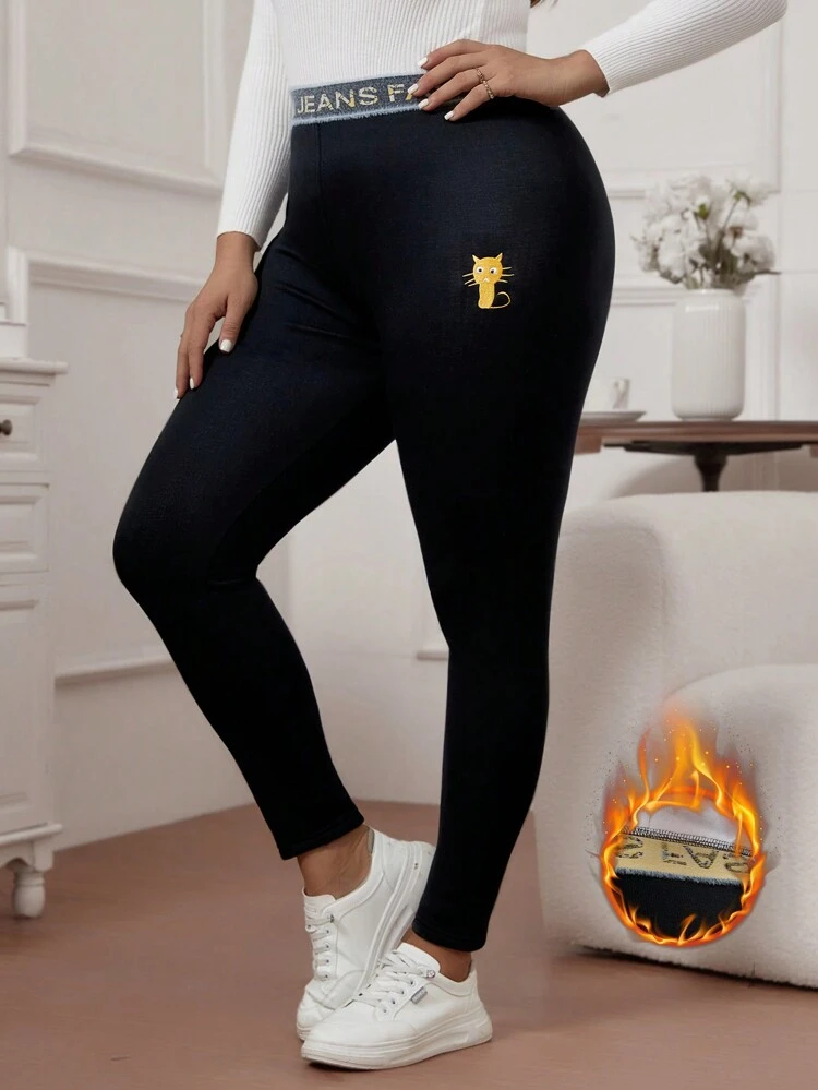 Plus Size Women'S Cartoon Cat Print Letter Waist Leggings