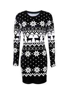 Vestido midi ajustado casual con estampado geométrico tallas grandes - Negro - Ver 4