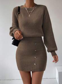 SHEIN LUNE Women's Solid Color Knitted Shirt Collar Dress With Button Detail & Cinching Waist