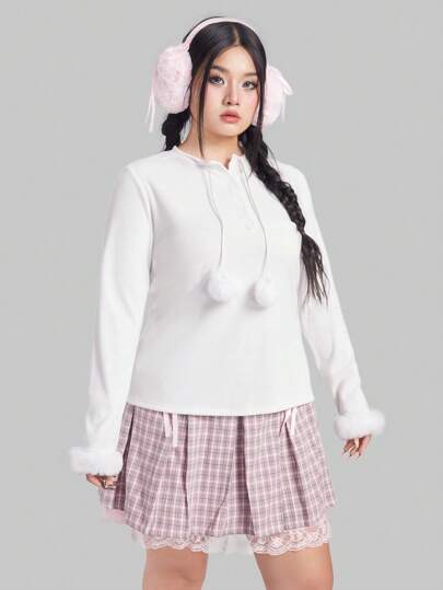 Kawaii T-shirt Con Dettaglio Di Maniche Pelose Per Donne Taglia Forte