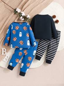 SHEIN Playful Pals 嬰兒男童2套餅乾字母條紋印花短袖t卹和長褲 - 彩色 - 查看 2