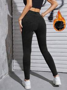 SHEIN EZwear 拉绒面料保暖高腰紧身牛仔裤加厚牛仔布 - 黑色 - 查看 2