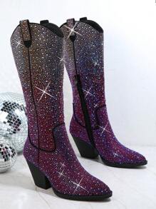 SHUZIA Bestseller Women's Shining Gradient Rhinestone Purple Multi Knee High Cowboy Boots:Tayler Swit Inspired,Eye-Catching Luxury,Holiday Party Essential Mother's Day Present