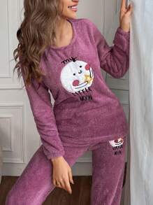 RueChic Cartoon & Letter Embroidery Flannel PJ Set - Dusty Pink - View 6