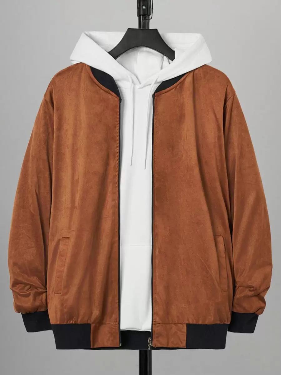 RueChic 1pc Men's Colorblocked Ribbed Trim Zip Up Bomber Jacket