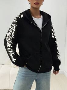 SHEIN Unity 女士帶拉鍊和字母印花連帽衛衣 - 黑色 - 查看 5