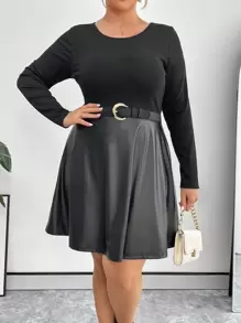 SHEIN Privé Damen Große Größen Rundhalsausschnitt Langarm Patchwork Pu-leder Saum Kleid - Schwarz - Übersicht 1