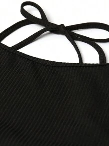 SHEIN EZwear 女款純色掛脖繫帶長袖上衣 - 黑色 - 查看 4