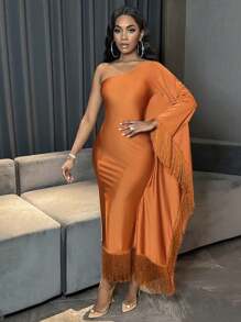 BamGleam Women's Fringed Asymmetric Collar Bat Sleeve Dress Maxi Women Outfit Fall Cloth For Women