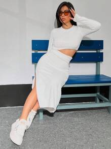 SHEIN Unity Women's Plush Cropped Top And High Slit Skirt Two Piece Set - White - View 3