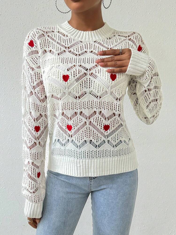 Women's Round Neck Heart Embroidered Hollow Knit Pullover Fall Winter Sweater