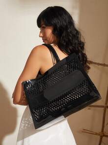 SHEIN VCAY 鏤空設計雙把手托特包 - 黑色 - 查看 9