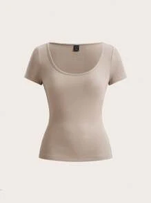 SHEIN BASICS Women's Scoop Neck T-shirt - Camel - View 1