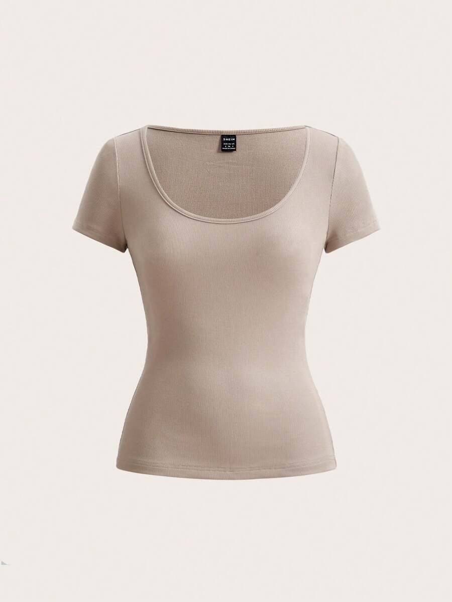 SHEIN BASICS Women's Scoop Neck T-shirt - Camel - View 1