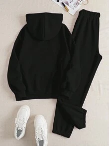 INAWLY 圖案印花袋鼠口袋抽繩連帽衫和運動褲 - 黑色 - 查看 2