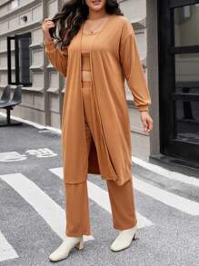 Flirla Conjunto Feminino De Três Peças De Cor Sólida De Tamanho Grande - Caqui - Ver 6