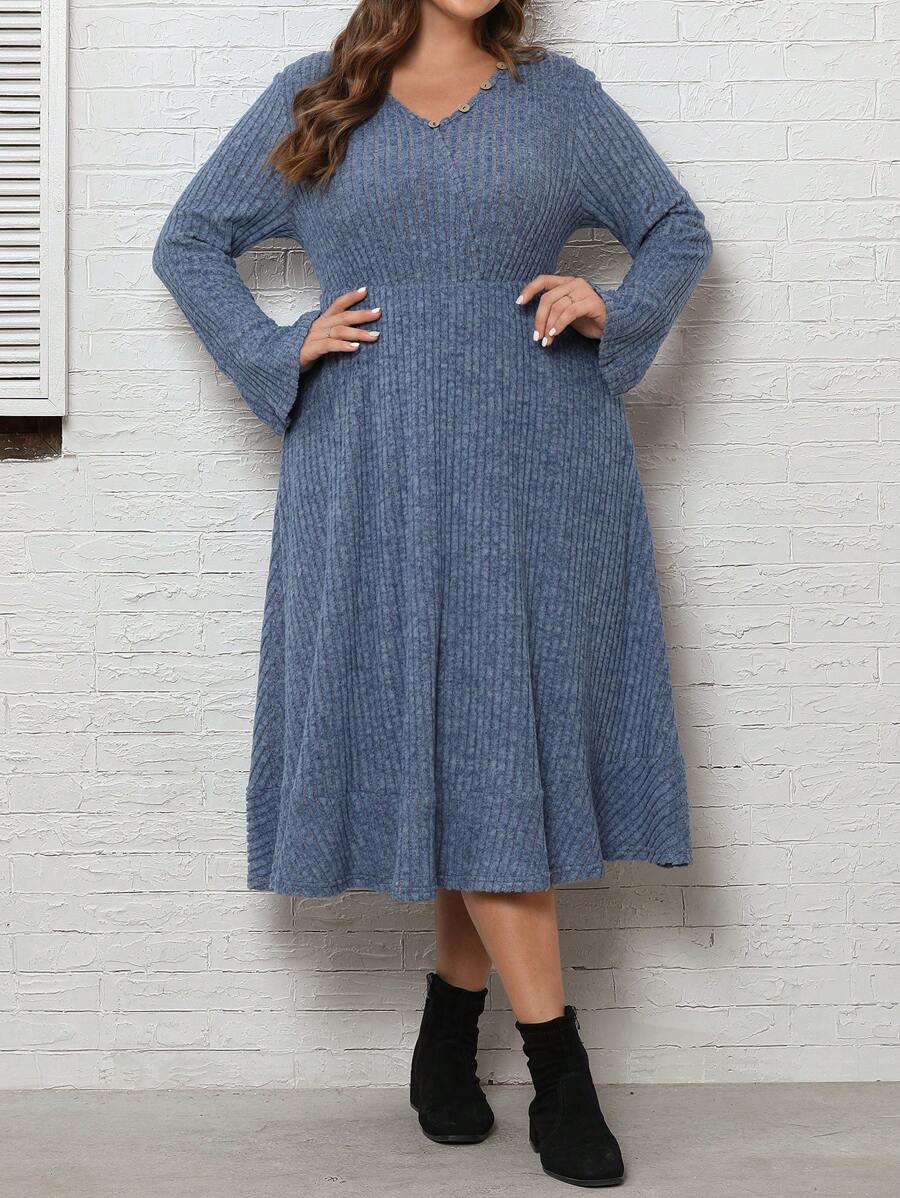 EMERY ROSE 大尺寸紐帶細節喇叭袖連身裙 - 霧霾藍 - 查看 1