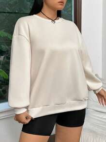 SHEIN EZwear 女士加大號手繪和口號印花下垂肩運動衫 - 卡其色 - 查看 2