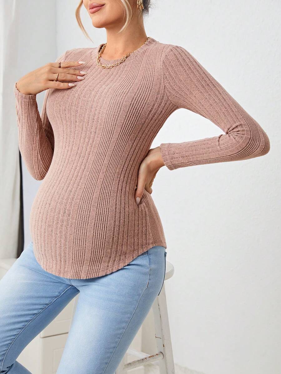 SHEIN Maternity Curved Hem Ribbed Knit Tee - Khaki - View 1