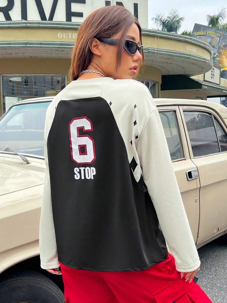 Letter & Star Printed Women's Raglan Long Sleeve T-shirt