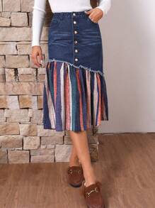 SHEIN LUNE 女用條紋下擺牛仔裙 - 藍色 - 查看 1