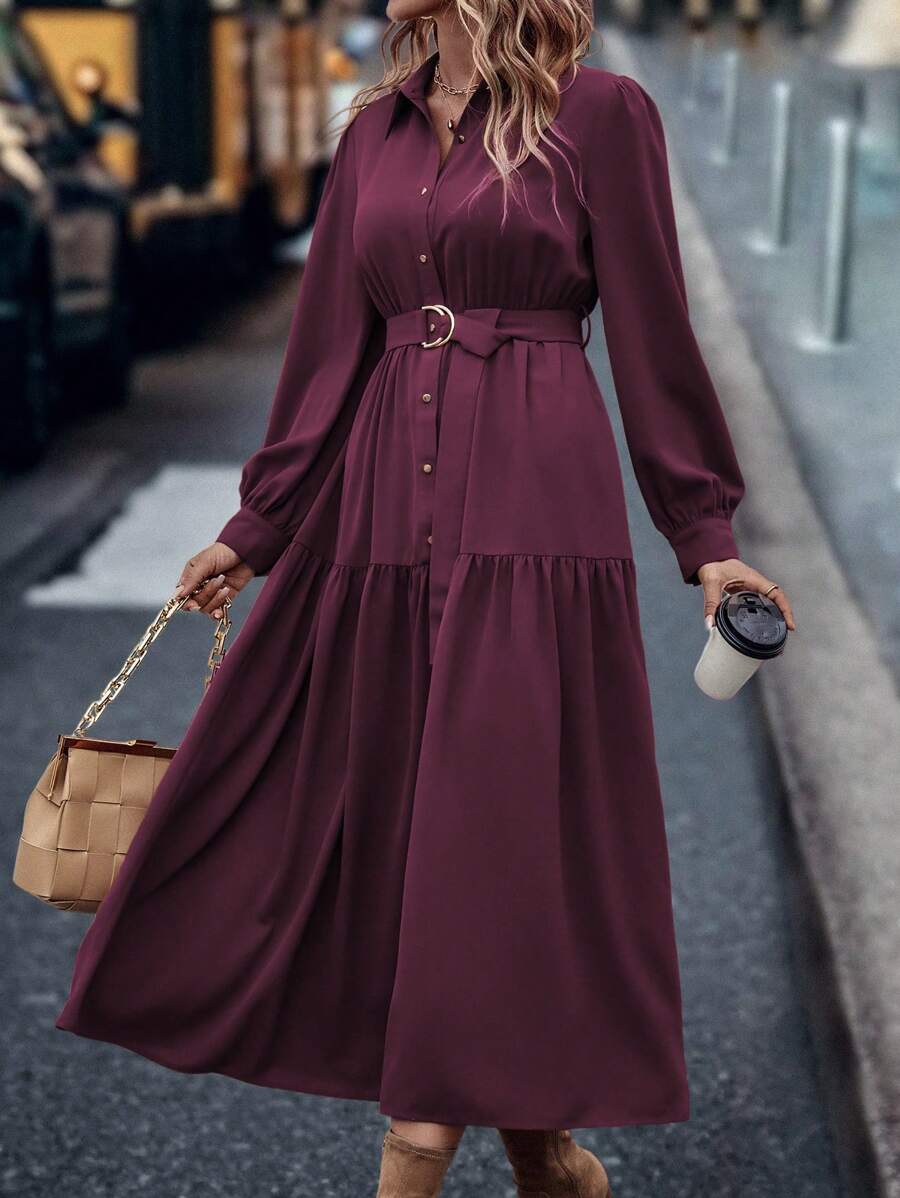 LanaWest Women's Belted Shirt Dress Maxi Women Outfit - Red Violet - View 1