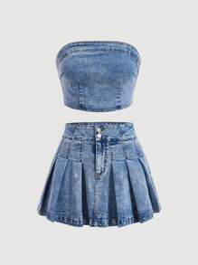 SHEIN MOD Của phụ nữ Quây Nhấn Nếp gấp Váy Denim Bộ - Màu xanh lam - Xem 1