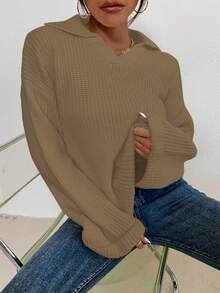 SHEIN Essnce Của phụ nữ Collared Thả vai Áo len - Lạc đà - Xem 3