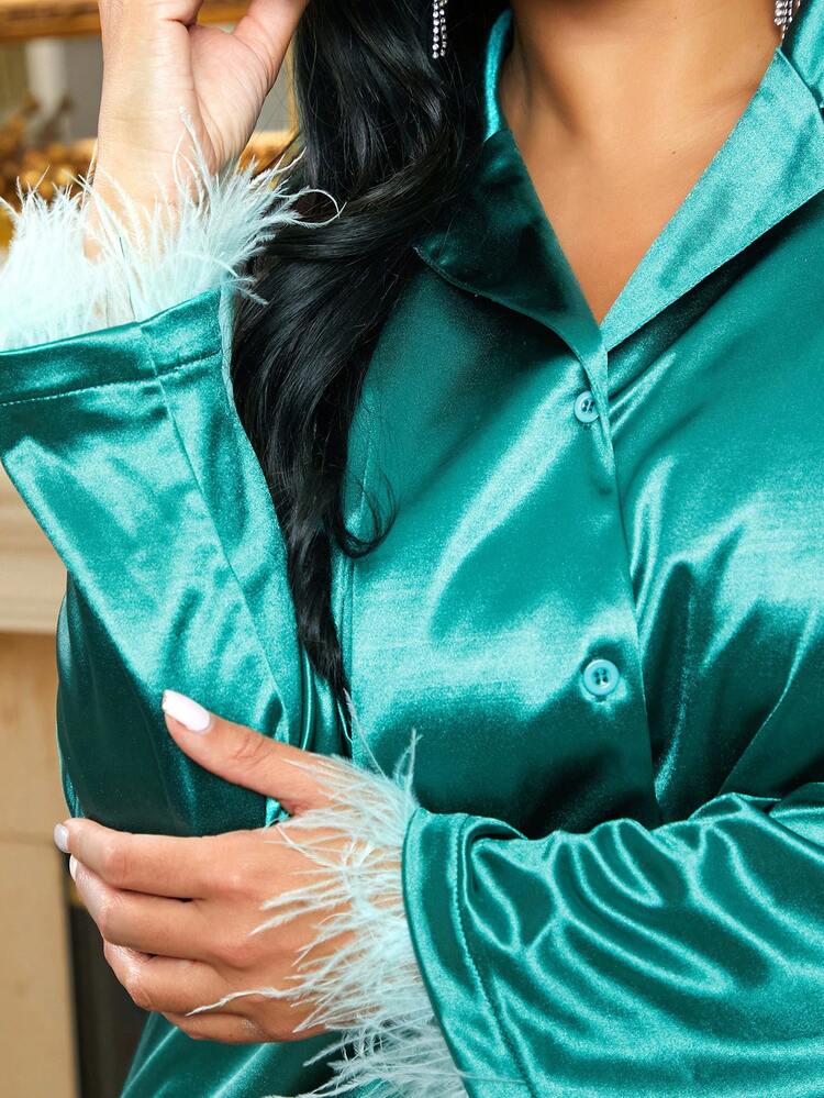 Women'S Plus Size Satin Patchwork Two Piece Set