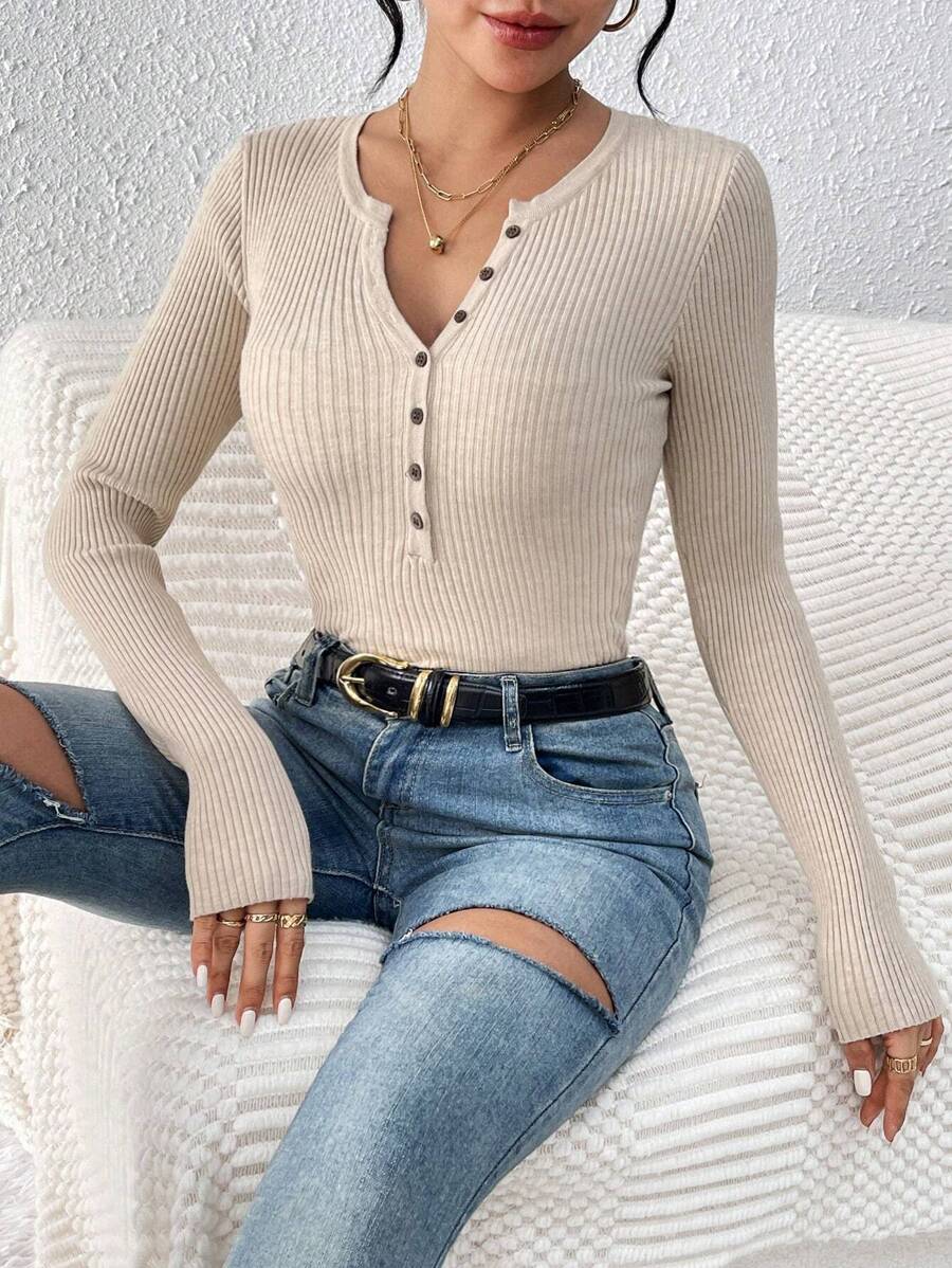 SHEIN Essnce Ribbed Knit Half Button Front Sweater,Long Sleeve Tops In Fall/Winter - Apricot - View 1