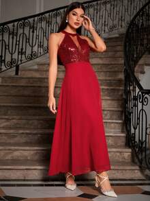 Allurite 女士閃閃發光的露背高開衩連衣裙 - 紅色 - 查看 4