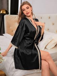 女性款3/4袖浴袍,帶腰帶 - 黑色 - 查看 3