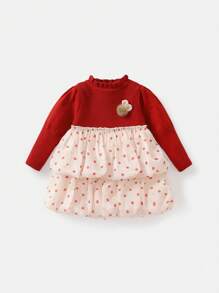 女童秋冬季波點印花連身裙,帶有毛球拼布, - 紅色 - 查看 1