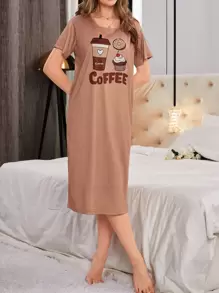 Vestido de pijama con estampado de café y bocadillo de dibujos animados para mujer