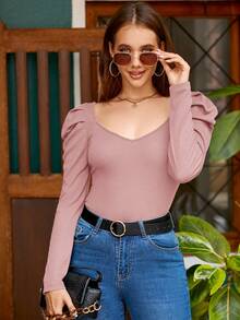 SHEIN Clasi Của phụ nữ Áo thun Với Tay áo chân cừu Và Hình trái tim Đường viền cổ áo - Bụi hồng - Xem 7