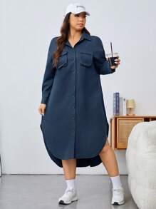 SHEIN EZwear 大尺碼寬鬆長連身裙,帶有翻蓋口袋和不對稱下擺 - 藏蓝色 - 查看 4