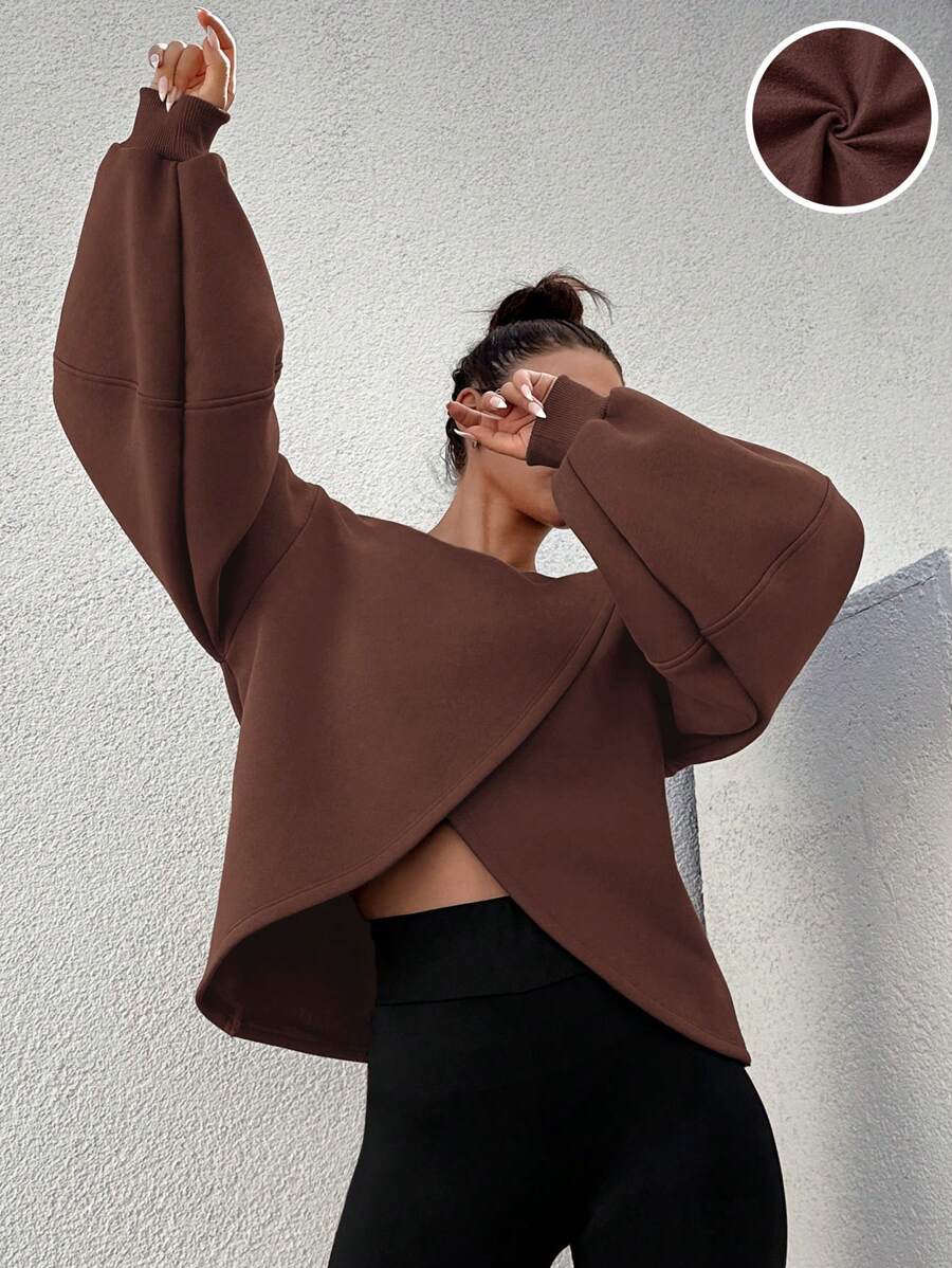 RueChic Lantern Sleeve Slit Solid Color Women's Sweatshirt - Brown - View 1