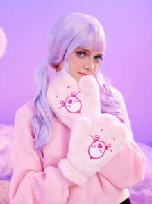 ROMWE X Care Bears 加厚毛絨粉紅色連指手套(大拇指分開) - 粉色 - 查看 6