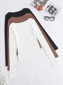 Chiquease Women's Solid Color Scoop Neck T-shirt 3pcs Set - Coffee Brown - View 2