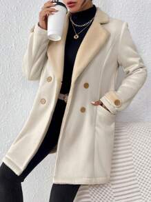 SHEIN Frenchy Faux Shearling Lined Double Breasted Coat - Apricot - View 7