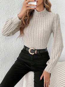 SHEIN Frenchy 女式純色立領燈籠袖t恤 - 卡其色 - 查看 5