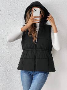 SHEIN Frenchy Của phụ nữ Màu thuần áo có mũ Đệm Áo vest Với dây kéo - màu đen - Xem 6