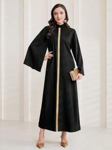 Al Najma Women's Stand Collar Color-block Cape Sleeve Kaftan - Black - View 1