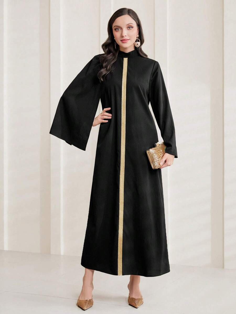 Al Najma Women's Stand Collar Color-block Cape Sleeve Kaftan - Black - View 1
