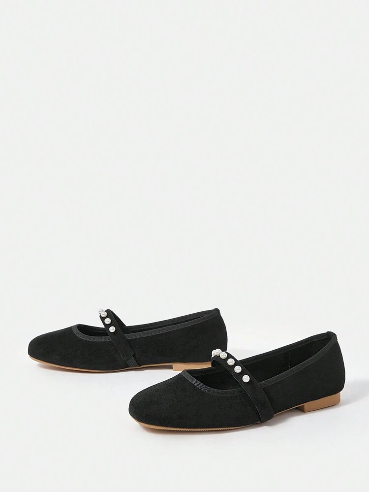 Women's Mary Jane Flats With Faux Pearl Detailing, Square Toe, Fashionable