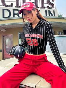 SHEIN EZwear Women's Slim Fit Striped Letter Print Hooded T-shirt - Multicolor - View 6