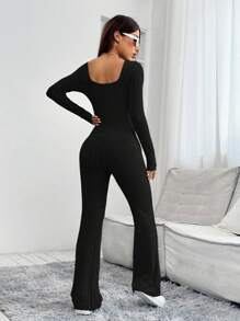 SHEIN PETITE Solid Color Ribbed Knit Long Sleeve Spring Jumpsuit - Black - View 2