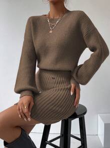 SHEIN LUNE Women's Solid Color Knitted Shirt Collar Dress With Button Detail & Cinching Waist